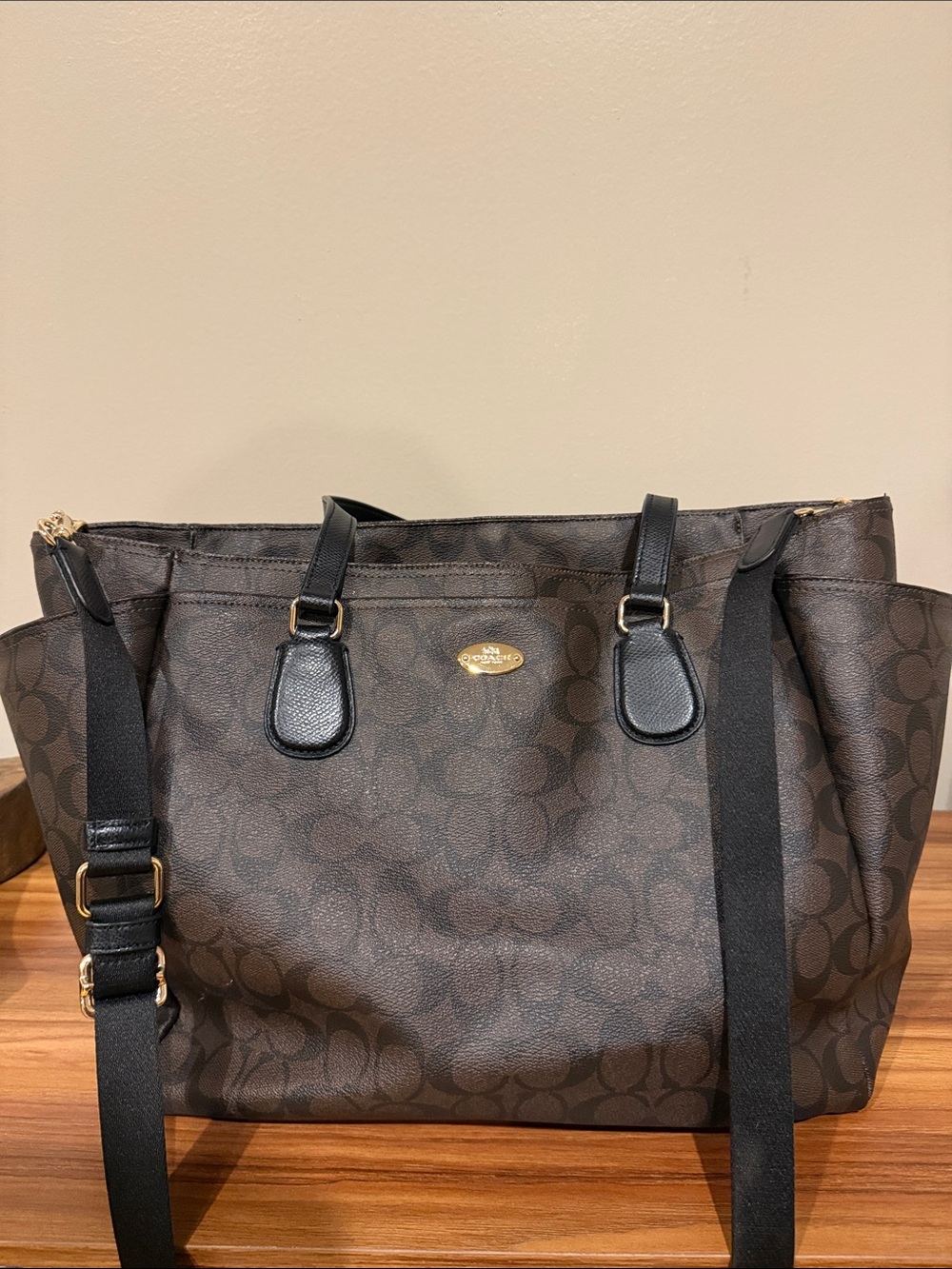 Coach Brown Signature Tote with Black Strap and Gold Accent